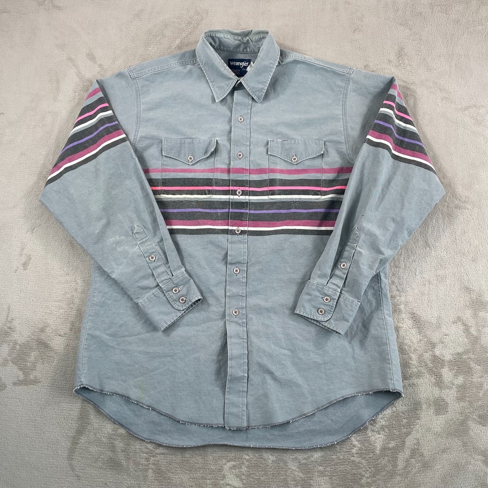 Vintage Wrangler Brushpopper Shirt XL 17.5 35 Grey Multi Striped Western Cowboy